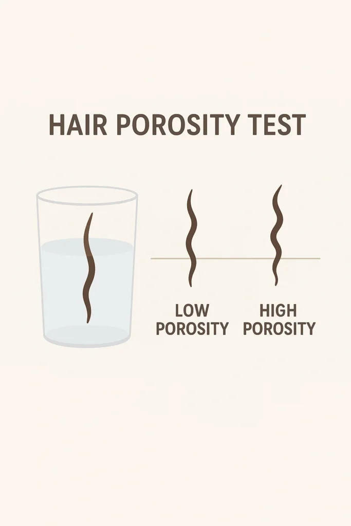 Hair porosity test illustration – glass of water and hair strand comparison chart