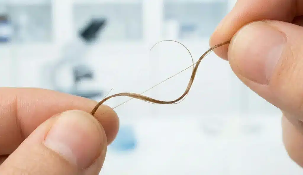 A close-up demonstrating a healthy hair strand with balanced elasticity, which curls back after being stretched during the Hair Elasticity Test.