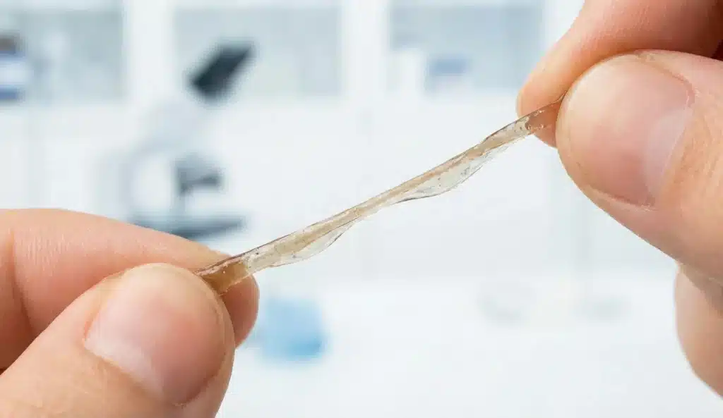 A close-up during the Hair Elasticity Test showing a weak, gummy hair strand stretching excessively without bouncing back, indicating a protein deficiency.