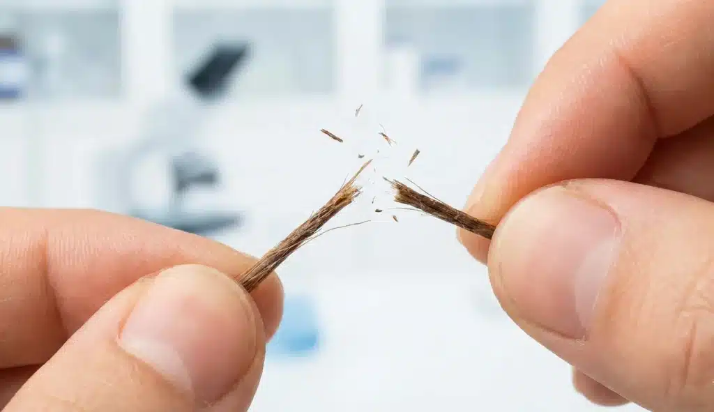 A close-up showing a dry, brittle hair strand snapping and breaking instantly during the Hair Elasticity Test, indicating a lack of moisture.