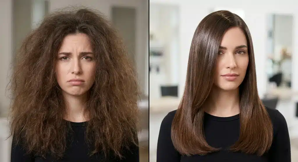 A before and after comparison showing a woman's severely frizzy hair transformed into sleek, smooth hair after a Probelle Thermal Realignment treatment.