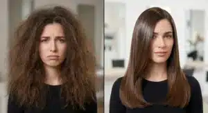 A before and after comparison showing a woman's severely frizzy hair transformed into sleek, smooth hair after a Probelle Thermal Realignment treatment.
