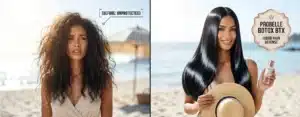 A side-by-side transformation photo showing frizzy, unprotected beach hair (left) vs. sleek, mirror-shine 'Liquid Hair' protected by Probelle BOTOX BTX (right). The image demonstrates effective summer hair protection against UV damage.