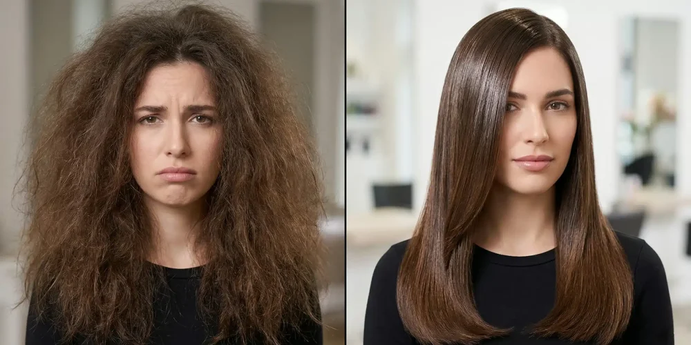 A before and after comparison showing a woman's severely frizzy hair transformed into sleek, smooth hair after a Probelle Thermal Realignment treatment.