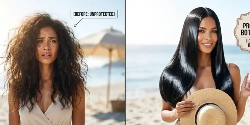 A side-by-side transformation photo showing frizzy, unprotected beach hair (left) vs. sleek, mirror-shine 'Liquid Hair' protected by Probelle BOTOX BTX (right). The image demonstrates effective summer hair protection against UV damage.