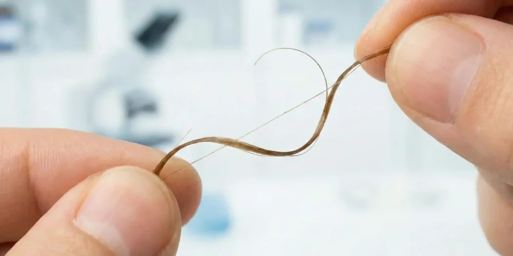 A close-up demonstrating a healthy hair strand with balanced elasticity, which curls back after being stretched during the Hair Elasticity Test.